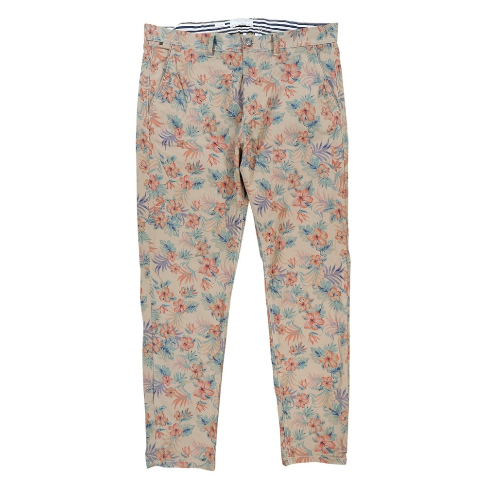Denim & Flower Chino Pants Mens 34 Tan Floral Cotton Slim Tropical Ricky Singh
